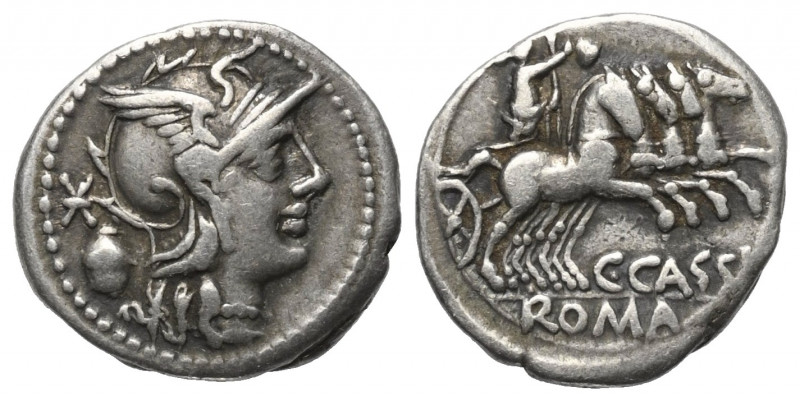 C. Cassius.

 Denar (Silber). 126 v. Chr. Rom.
Vs: Romakopf mit geflügeltem H...