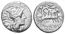 M. Porcius Laeca.

 Denar (Silber). 125 v. Chr. Rom.
Vs: LAECA. Kopf der Roma mit Flügelhelm rechts. Davor Wertzeichen X.
Rs: M. PORC. / ROMA. Lib...