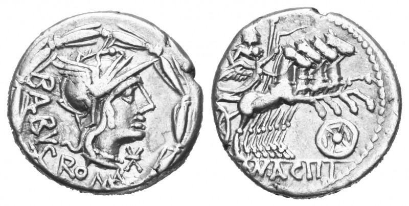 Mn. Acilius Balbus.

 Denar (Silber). 125 v. Chr. Rom.
Vs: BALBVS / ROMA. Kop...