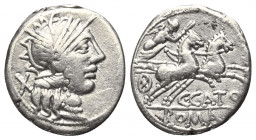 C. Porcius Cato.

 Denar (Silber). 123 v. Chr. Rom.
Vs: Kopf der Roma mit geflügeltem Helm rechts, dahinter X.
Rs: C. CATO Victoria in Biga nach r...