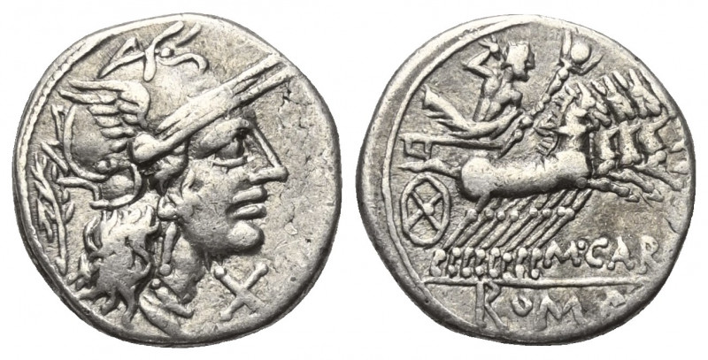 M. Papirius Carbo.

 Denar (Silber). 122 v. Chr. Rom.
Vs: Kopf der Roma mit g...