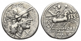 M. Papirius Carbo.

 Denar (Silber). 122 v. Chr. Rom.
Vs: Kopf der Roma mit geflügeltem Helm rechts, davor Wertzeichen, dahinter Lorbeerzweig.
Rs:...
