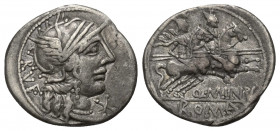 Q. Minucius Rufus.

 Denar (Silber). 122 v. Chr. Rom.
Vs: RVF. Kopf der Roma mit geflügeltem Helm rechts, davor Wertzeichen.
Rs: Q MINV / ROMA. Di...