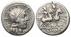 Q. Minucius Rufus.

 Denar (Silber). 122 v. Chr. Rom.
Vs: RVF. Kopf der Roma mit geflügeltem Helm rechts, davor Wertzeichen.
Rs: Q MINV / ROMA. Di...