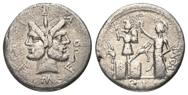 M. Furius Philus.

 Denar (Silber). 119 v. Chr. Rom.
Vs: M FOVRI. L. F. Doppe...