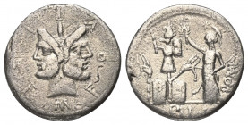 M. Furius Philus.

 Denar (Silber). 119 v. Chr. Rom.
Vs: M FOVRI. L. F. Doppelkopf des Janus mit Lorbeerkranz.
Rs: Roma mit Szepter nach links ste...