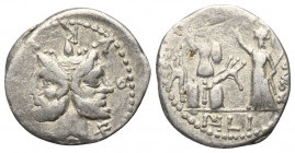 M. Furius Philus.

 Denar (Silber). 119 v. Chr. Rom.
Vs: M FOVRI. L. F. Doppelkopf des Janus mit Lorbeerkranz.
Rs: Roma mit Szepter nach links ste...