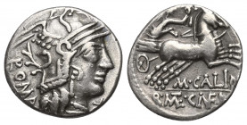 M. Calidius mit Q. Metellus und Cn. Fulvius.

 Denar (Silber). 117 - 116 v. Chr. Rom.
Vs: ROMA. Kopf der Roma mit geflügeltem Helm rechts, davor We...