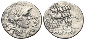 Cn. Domitius Ahenobarbus.

 Denar (Silber). 116 - 115 v. Chr. Rom.
Vs: ROMA. Kopf der Roma mit geflügeltem Helm rechts, dahinter Wertzeichen X.
Rs...