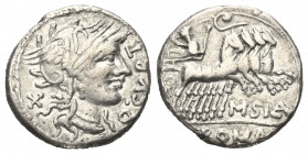 Q. Curtius und M. Iunius Silanus.

 Denar (Silber). 116 - 115 v. Chr. Rom.
Vs: Q CVRT. Kopf der Roma mit geflügeltem Helm rechts, dahinter Wertzeic...