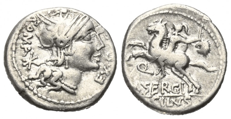 M. Sergius Silus.

 Denar (Silber). 116 oder 115 v. Chr. Rom.
Vs: ROMA EX S C...