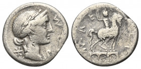 Mn. Aemilius Lepidus.

 Denar (Silber). 114 oder 113 v. Chr. Rom.
Vs: ROMA. Kopf der Roma (?) mit Diadem und Lorbeerkranz rechts, dahinter Wertzeic...