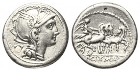 Appius Claudius Pulcher mit T. Manlius Mancinus und Q. Urbinius.

 Denar (Silber). 111 oder 110 v. Chr. Rom.
Vs: Kopf der Roma mit geflügeltem Helm...