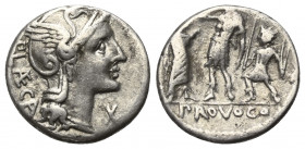 P. Laeca.

 Denar (Silber). 110 oder 109 v. Chr. Rom.
Vs: P LAECA. Kopf der Roma mit geflügeltem Helm rechts, davor Wertzeichen.
Rs: PROVOCO. Römi...