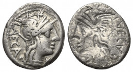 P. Laeca.

 Denar (Silber). 110 oder 109 v. Chr. Rom.
Vs: P LAECA. Kopf der Roma mit geflügeltem Helm rechts, davor Wertzeichen.
Rs: Incusum der V...