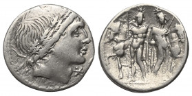 L. Memmius.

 Denar (Silber). 109 oder 108 v. Chr. Rom.
Vs: Kopf des Apollon, unter Kinn Stern.
Rs: Die Dioskuren mit Speeren zwischen ihren Pferd...
