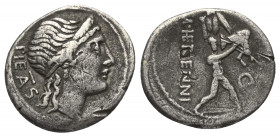 M. Herennius.

 Denar (Silber). 108 oder 107 v. Chr. Rom.
Vs: PIETAS. Kopf der Pietas mit Diadem rechts.
Rs: M HERENNI. Amphinomus, einer der beid...