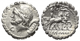 L. Memmius Galeria.

 Denar (Silber). 106 v. Chr. Rom.
Vs: ROMA. Kopf des Saturnus mit Lorbeerkranz links, dahinter Harpa; im Feld links C.
Rs: L ...