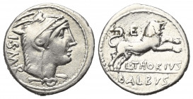 L. Thorius Balbus.

 Denar (Silber). 105 v. Chr. Rom.
Vs: Kopf der Juno Sospita mit Ziegenfellkappe rechts, dahinter I S M R.
Rs: L THORIVS / BALB...