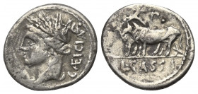 L. Cassius Caecianus.

 Denar (Silber). 102 v. Chr. Rom.
Vs: CAEICIAN. Kopf der Ceres mit Ährenkranz links, dahinter Kontrollmarke C über Punkt.
R...