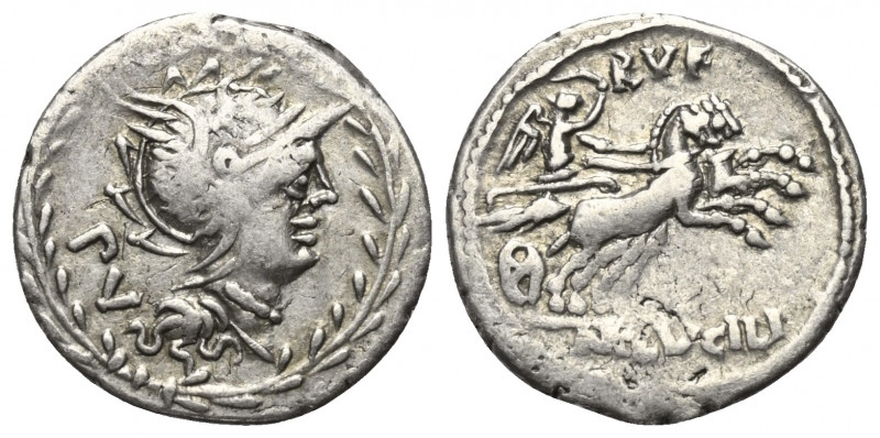 M. Lucilius Rufus.

 Denar (Silber). 101 v. Chr. Rom.
Vs: Kopf der Roma mit g...
