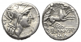 D. Iunius Silanus.

 Denar (Silber). 91 v. Chr. Rom.
Vs: Kopf der Roma mit geflügeltem Helm rechts, dahinter Kontrollmarke.
Rs: D SILANVS L F / RO...