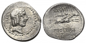 L. Calpurnius Piso Frugi.

 Denar (Silber). 90 v. Chr. Rom.
Vs: Kopf des Apollo mit Lorbeerkranz rechts, dahinter Kontrollzeichen und vorne XX[...]...