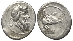 Q. Titius.

 Denar (Silber). 90 v. Chr. Rom.
Vs: Kopf des Mutinus Titinus (Priapos) mit Flügeldiadem rechts.
Rs: Pegasus nach rechts springend, da...