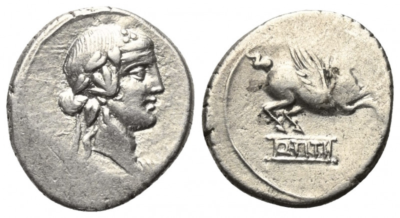 Q. Titius.

 Denar (Silber). 54 v. Chr. Rom.
Vs: Kopf des Bacchus (Liber) mit...