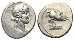 Q. Titius.

 Denar (Silber). 54 v. Chr. Rom.
Vs: Kopf des Bacchus (Liber) mit Efeukranz rechts.
Rs: Pegasus nach rechts springend, darunter Basis ...