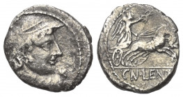 Cn. Lentulus Clodianus.

 Quinar (Silber). 88 v. Chr. Rom.
Vs: Büste des Mars, mit Helm, Lanze und Schildgurt nach rechts.
Rs: Victoria rast in Bi...