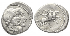 C. Censorinus.

 Denar (Silber). 88 v. Chr. Rom.
Vs: Gestaffelte Köpfe von Numa Pompilius mit Bart und Ancus Marcius.
Rs: Kunstreiter (Desultor) m...