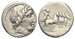 Anonym.

 Denar (Silber). 86 v. Chr. Rom.
Vs: Kopf des Apollo mit Eichenlaubkranz rechts, darunter Blitzbündel.
Rs: Jupiter mit Blitzbündel in Qua...