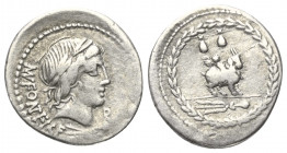 Mn. Fonteius.

 Denar (Silber). 85 v. Chr. Rom.
Vs: MN FONTEI C F. Kopf des Apollo mit Lorbeerkranz rechts, darunter Blitzbündel.
Rs: Cupido auf Z...