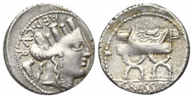 P. Fovrius Crassipes.

 Denar (Silber). 84 v. Chr. Rom.
Vs: AED CVR. Kopf der Cybele mit Mauerkrone rechts. Dahinter Fuß abwärts.
Rs: Kurulischer ...