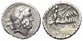 Q. Antonius Balbus.

 Denar (Silber). 83 - 82 v. Chr. Rom.
Vs: S C. Kopf des Jupiter mit Lorbeerkranz rechts.
Rs: Q ANTO BALB / PR. Victoria in Qu...