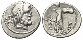 L. Procilius.

 Denar (Silber). 80 v. Chr. Rom.
Vs: Kopf des Jupiter mit Lorbeerkranz rechts, dahinter S C.
Rs: L PROCILI / F. Juno Sospita mit Sp...