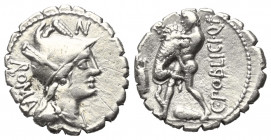 C. Poblicius.

 Denar (Silber). 80 v. Chr. Rom.
Vs: ROMA. Drapierte Büste der Roma mit federgeschmücktem Helm rechts, darüber I.
Rs: C POBLICI Q F...