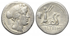 M. Volteius M. F.

 Denar (Silber). 78 v. Chr. Rom.
Vs: Kopf des Liber mit Efeukranz rechts.
Rs: Ceres in Schlangenbiga nach rechts, je eine Facke...