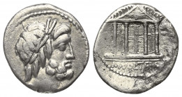 M. Volteius M. F.

 Denar (Silber). 78 v. Chr. Rom.
Vs: Belorbeerter Kopf des Jupiter rechts.
Rs: Viersäulige Front des Kapitolinischen Tempels. I...