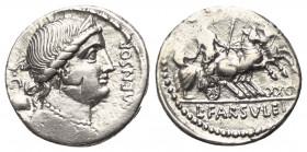 L. Farsuleius Mensor.

 Denar (Silber). 75 v. Chr. Rom.
Vs: MENSOR - S C. Büste der Libertas mit Drapierung und Diadem rechts, hinten Pileus.
Rs: ...