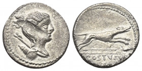 C. Postumius.

 Denar (Silber). 74 v. Chr. Rom.
Vs: Drapierte Büste der Diana mit Bogen und Köcher über der Schulter rechts.
Rs: C POSTVMI. Stilis...