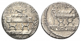 Q. Pompeius Rufus.

 Denar (Silber). 54 v. Chr. Rom.
Vs: Q. POMPEI. Q. F / RVFVS. Sella curulis, links Pfeil, rechts Lorbeerzweig.
Rs: SVLLA. COS ...