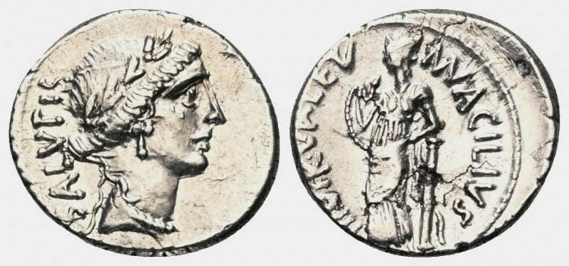 Mn. Acilius Glabrio.

 Denar (Silber). 49 v. Chr. Rom.
Vs: SALVTIS. Kopf der ...