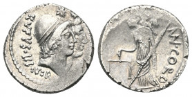 Mn. Cordius Rufus.

 Denar (Silber). 46 v. Chr. Rom.
Vs: RVFVS III VIR. Köpfe der Dioscuren mit Pilei rechts, darüber Sterne.
Rs: MN CORDIVS. Venu...