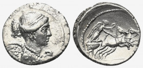 T. Carisius.

 Denar (Silber). 46 v. Chr. Rom.
Vs: Büste der Victoria rechts.
Rs: Victoria mit Kranz in Biga nach rechts fahrend. Im Abschnitt (au...