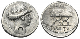 C. Considius Paetus.

 Denar (Silber). 47 v. Chr. Rom.
Vs: Kopf des Apollo mit Lorbeerkranz rechts.
Rs: C CONSIDI / PAETI. Beamtenstuhl (sella cur...