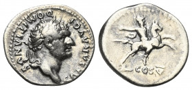 Domitianus (81 - 96 n. Chr.).

 Denar (Silber). 77 - 78 n. Chr. (unter Vespasian). Rom.
Vs: CAESAR AVG F DOMITIANVS. Büste mit Lorbeerkranz rechts....