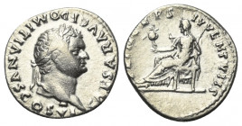 Domitianus (81 - 96 n. Chr.).

 Denar (Silber). 79 n. Chr. (unter Vespasian). Rom.
Vs: CAESAR AVG F DOMITIANVS COS VI. Kopf mit Lorbeerkranz rechts...