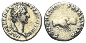 Nerva (96 - 98 n. Chr.).

 Denar (Silber). 97 n. Chr. Rom.
Vs: IMP NERVA CAES AVG P M TR P COS III P P. Kopf mit Lorbeerkranz rechts.
Rs: CONCORDI...